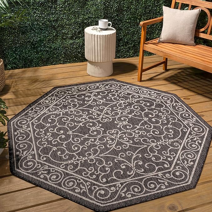 JONATHAN Y Vintage Filigree Indoor Outdoor Octagon Area Rug 8 Ft Black/Gray, Charleston Textured Weave for Backyard, Patio, Porch, Easy-Cleaning, High Traffic, Pet-Friendly Non-Shedding SMB106G-8TGN-Ruum Studio Home