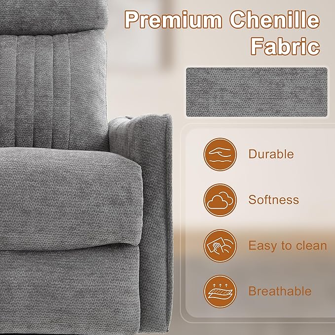 Manual Swivel Rocker Recliner Chair for Adults, Overstuffed Reclining Glider Chair for Nursing with Vibration Massage & Heat, Living Room Rocking Recliner 2-Stage backrest, Chenille Fabric Dark Gray-Ruum Studio Home