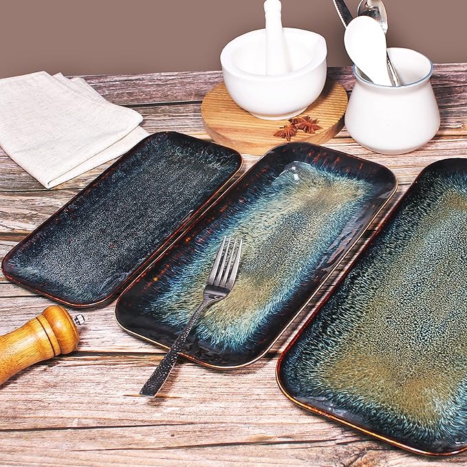 Porcelain Dinner Plates Platters Set of 2, for Fruit, dessert, snack platter, Bread, cupcake, Salad - Microwave, Dishwasher Safe, Scratch Resistant durable, Black Reactive glaze-Ruum Studio Home