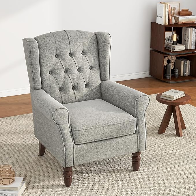 UIXE High Back Accent Chair, Upholstered Armchair in Fabric, Retro Wingback Arm Chair for Living Room, Comfy Single Sofa Bedroom Reading Seat with Solid Wood Legs - Light Gray-Ruum Studio Home
