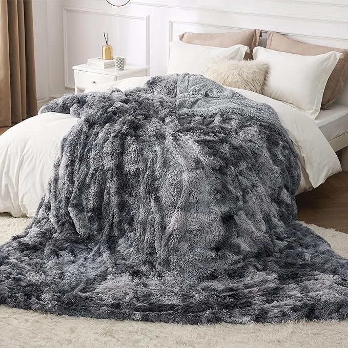 Bedsure GentleSoft Fluffy Sherpa Fleece Faux Fur Blankets Queen Size for Bed, Bedroom Decor Winter Thick Warm Full Queen Blankets, Fuzzy Plush Soft Heavy Mink Tie Dye Grey Bedding Cozy Gifts, 90x90-Ruum Studio Home
