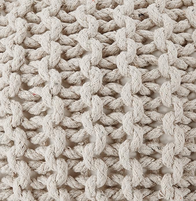 REDEARTH Round Pouf Ottoman - Cable Knitted Boho Poof - Home Décor Cord Pouffe Handmade Circular Footrest for Living Room - Bedroom - Kids Bedroom - 100% Cotton Pouf (18" x 18" x 14") - Ivory-Ruum Studio Home
