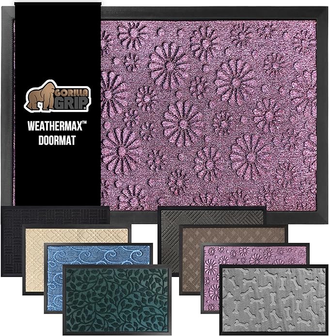 GORILLA GRIP 100% Waterproof All-Season WeatherMax Doormat, 23x35, Durable Natural Rubber, Stain and Fade Resistant, Low Profile, Indoor Outdoor Doormats, Easy Clean Entry Mat, Purple Confetti Daisy-Ruum Studio Home