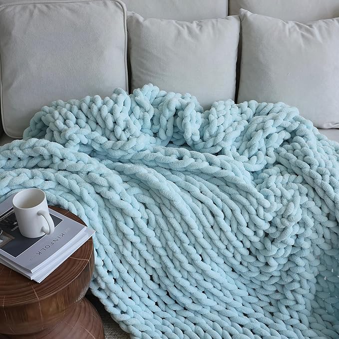 Maetoow Chenille Chunky Knit Blanket Throw （40×50 Inch）, Handmade Warm & Cozy Blanket Couch, Bed, Home Decor, Soft Breathable Fleece Banket, Christmas Thick and Giant Yarn Throws, Baby Blue-Ruum Studio Home