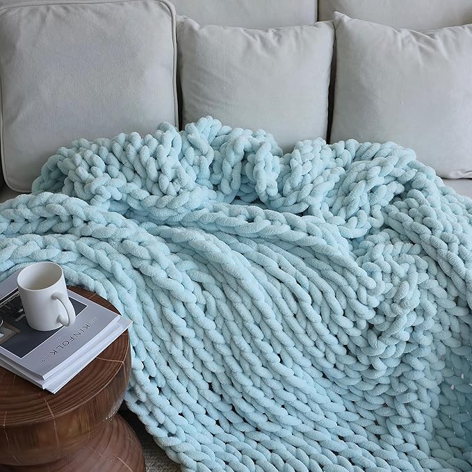 Maetoow Chenille Chunky Knit Blanket Throw （30×40 Inch）, Handmade Warm & Cozy Blanket Couch, Bed, Home Decor, Soft Breathable Fleece Banket, Christmas Thick and Giant Yarn Throws, Baby Blue-Ruum Studio Home