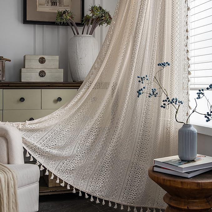 Sutuo Home Boho Curtains 120 inches for Bedroom Living Room Patio Doorway, Crochet Lace Sheer Bohemian Extra Long with Tassels,Window Treatment Drape, Single 1 Panel 59" W x 120" L, Beige-Ruum Studio Home