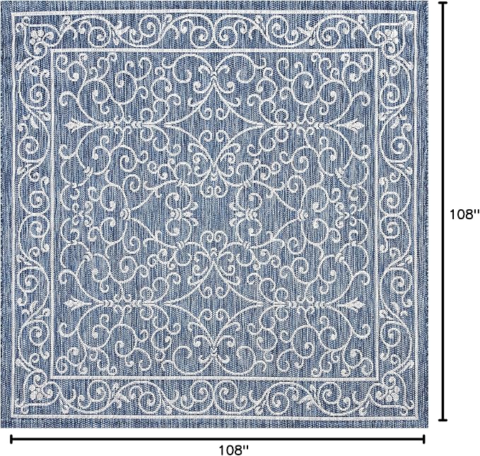 JONATHAN Y Vintage Filigree Indoor Outdoor Square Area Rug 9X9 Navy/Gray, Charleston Textured Weave for Backyard, Patio, Porch, Easy-Cleaning, High Traffic, Pet-Friendly, Non-Shedding (SMB106D-9SQ)-Ruum Studio Home