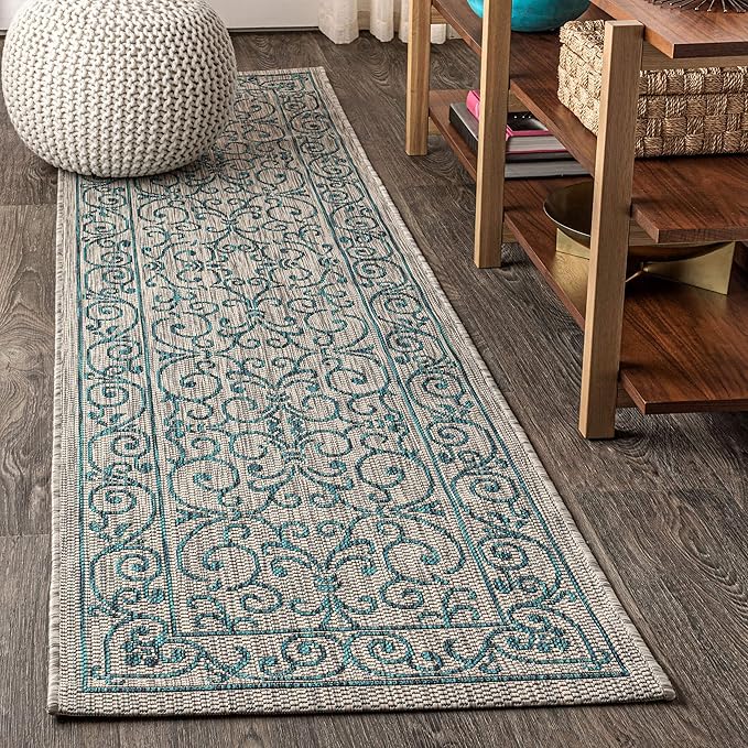 JONATHAN Y Vintage Filigree Indoor Outdoor Runner Rug 2X8 Gray/Teal, Charleston Textured Weave for Backyard, Patio, Porch, Easy-Cleaning, High Traffic, Pet-Friendly, Non-Shedding (SMB106E-28)-Ruum Studio Home