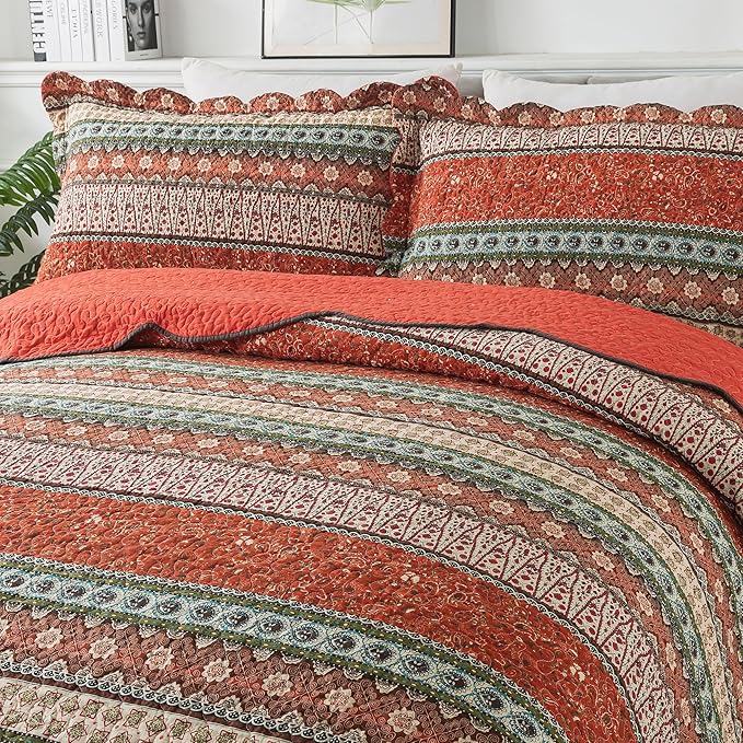 NEWLAKE Cotton Bedspread Quilt Sets - Reversible Patchwork Coverlet Set, Red Striped Jacquard Pattern, Oversized King Size-Ruum Studio Home