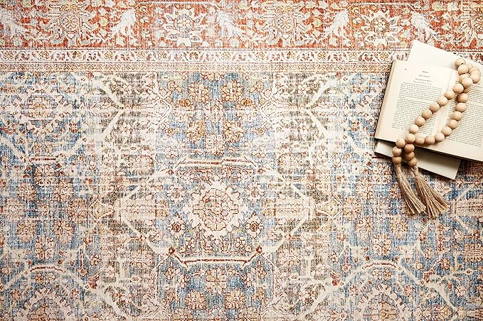 Loloi Layla Collection LAY-04 Ocean/Rust 2'-6" x 7'-6" .13" Thick Runner Rug, Soft, Durable, Vintage Inspired, Distressed, Low Pile, Non-Shedding, Easy Clean, Printed, Living Room Rug-Ruum Studio Home
