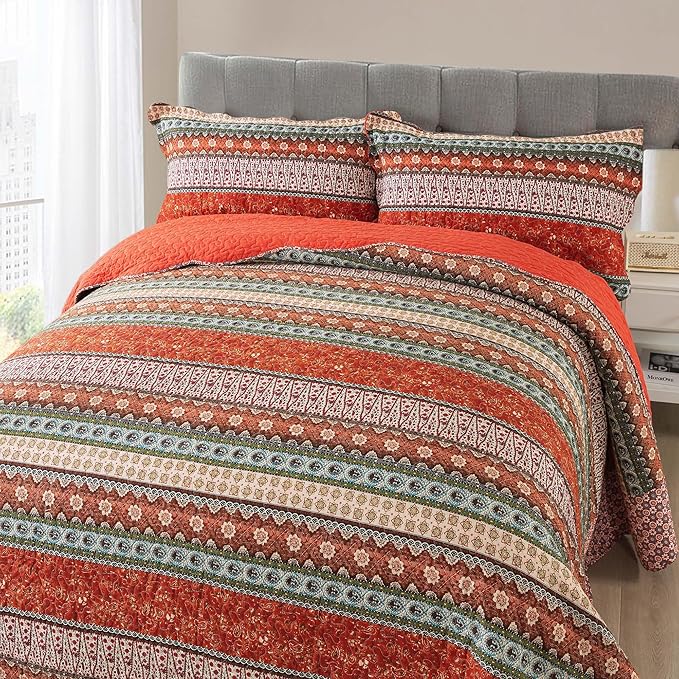 NEWLAKE Cotton Bedspread Quilt Sets - Reversible Patchwork Coverlet Set, Red Striped Jacquard Pattern, California King Size-Ruum Studio Home