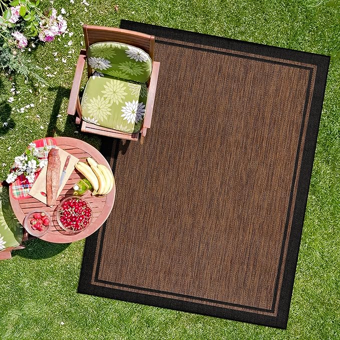 CAMILSON Indoor Outdoor Rug, 9x12 Bordered Nut Brown Black Modern Area Rugs for Indoor and Outdoor Patios, Kitchen and Hallway Mats, Washable Porch Deck Outside Carpet (Border Nut Brown Black, 9 x 12)-Ruum Studio Home