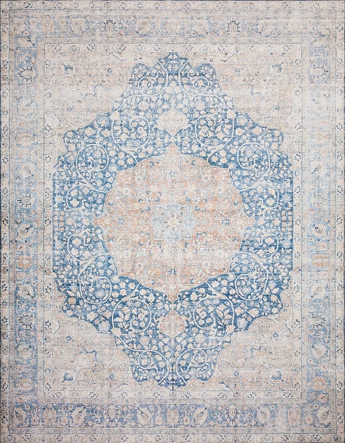 Loloi Layla Collection LAY-07 Blue/Tangerine 7'-6" x 9'-6" .13" Thick Area Rug, Soft, Durable, Vintage Inspired, Distressed, Low Pile, Non-Shedding, Easy Clean, Printed, Living Room Rug-Ruum Studio Home