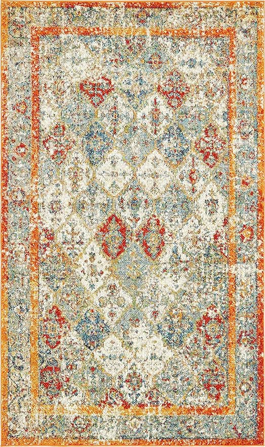 Unique Loom Rosso Collection Vintage, Traditional, Bohemian, Geometric, Distressed, Southwestern Area Rug, 5' 0" x 8' 0", Beige/Orange-Ruum Studio Home