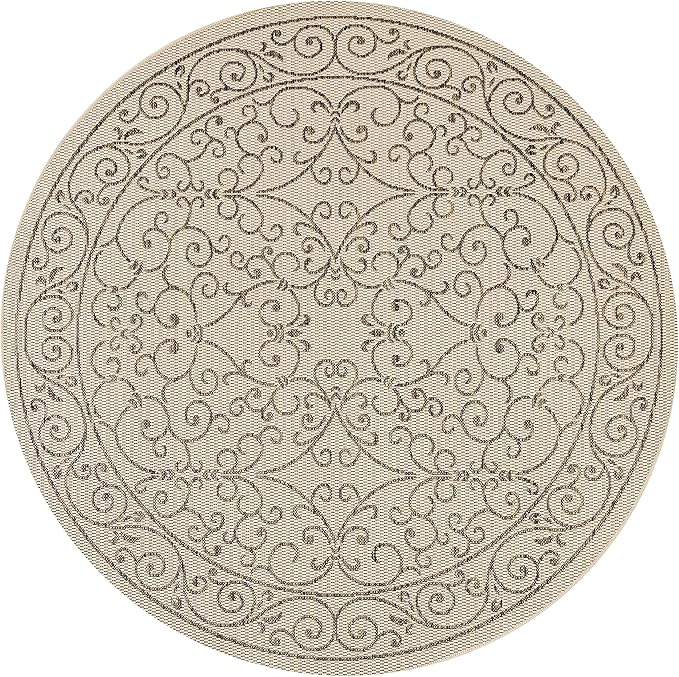 JONATHAN Y Vintage Filigree Indoor Outdoor Round Area Rug 4 Ft Beige/Brown, Charleston Textured Weave for Backyard, Patio, Porch, Easy-Cleaning, High Traffic, Pet-Friendly, Non-Shedding (SMB106A-4R)-Ruum Studio Home