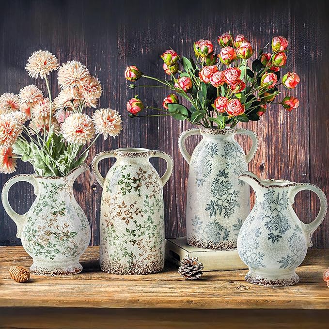 Enra Tall Vintage Blue and White Ceramic Vase with Handle, 11.2 Inch Chinoiserie Decorative Floral Vase, Large Rustic Ceramic Vase for Living Room, Office, Bookshelf, Home Decor-Ruum Studio Home