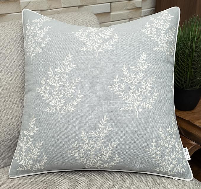 VAGMINE Embroidered Leaves Throw Pillow Cover - 18x18 Inches Square - 100% Cotton Robins Egg Decorative Cushion Cover - Coastal Inspired Leaf Stitch - Stylish Home Accent for Sofa, Couch, Bedroom-Ruum Studio Home