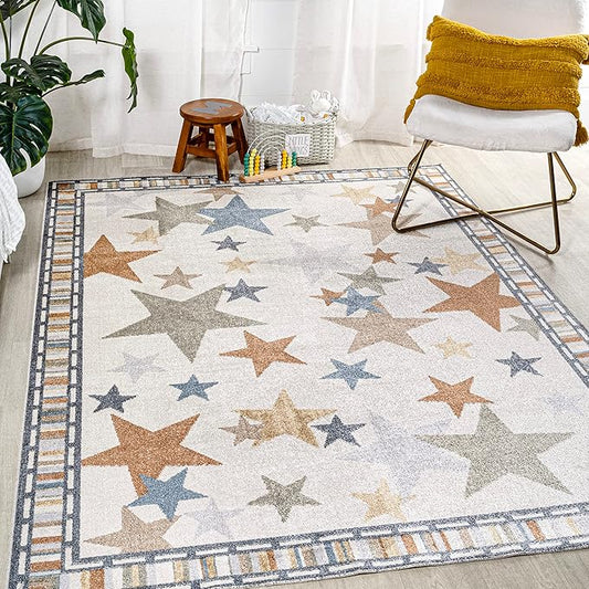 JONATHAN Y Machine-Washable Ivory/Blue/Orange Indoor Area Rug, 4x6, Star Gazer Geometric, Border, Kids & Novelty, Classic, Bedroom, Kitchen, Living Room, Easy-Cleaning, Non-Shedding (KDW100A-4)-Ruum Studio Home