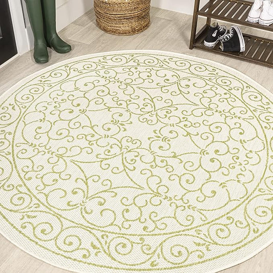 JONATHAN Y Vintage Filigree Indoor Outdoor Round Area Rug 5 Ft Cream/Green, Charleston Textured Weave for Backyard, Patio, Porch, Easy-Cleaning, High Traffic, Pet-Friendly, Non-Shedding (SMB106I-5R)-Ruum Studio Home