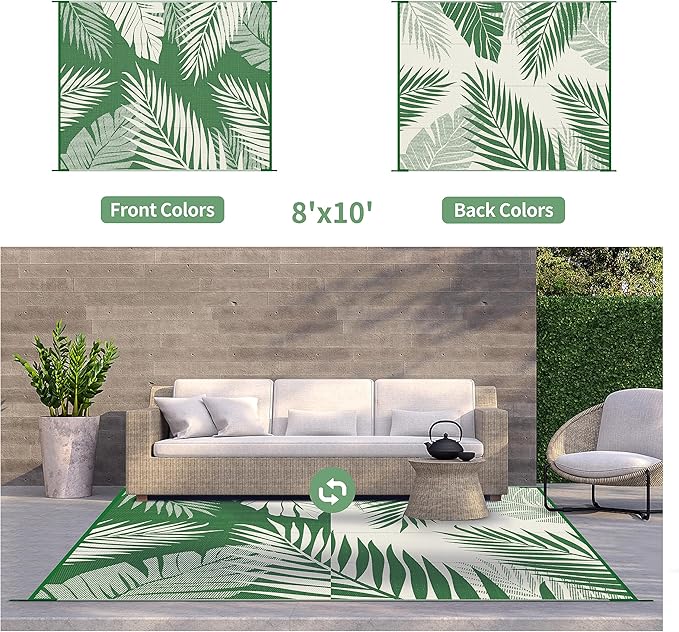 GENIMO Outdoor Rug 8' x 10' Waterproof for Patios Clearance, Reversible Outdoor Plastic Straw Camping Rug Carpet, Large Area Rugs Mats for RV, Picnic, Backyard, Deck, Balcony, Porch, Dark Green&White-Ruum Studio Home