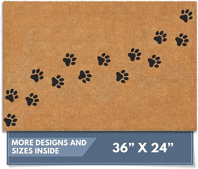 Barnyard Designs Natural Coco Coir Heavy Duty Backing Doormat - Large Cute Non-Slip Front Door Welcome Mat for Outside Entrance or Porch Entry, Brown (24x36, Paws)-Ruum Studio Home