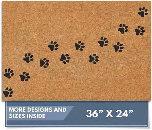Barnyard Designs Natural Coco Coir Heavy Duty Backing Doormat - Large Cute Non-Slip Front Door Welcome Mat for Outside Entrance or Porch Entry, Brown (24x36, Paws)-Ruum Studio Home