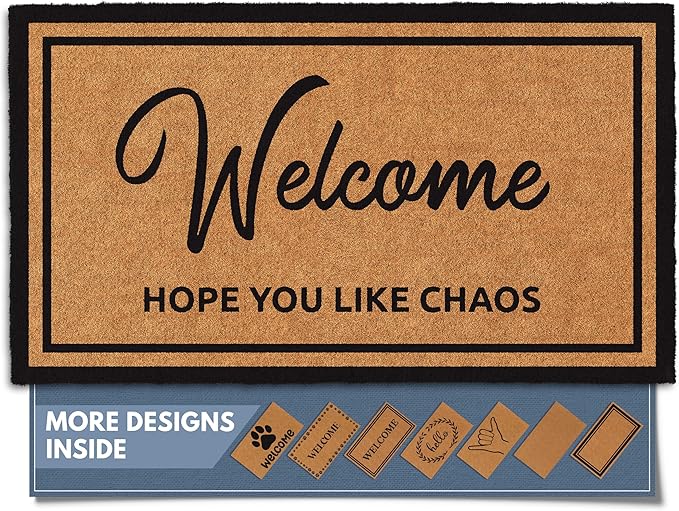 Barnyard Designs Natural Coco Coir Heavy Duty Backing Doormat - Large Cute Non-Slip Front Door Welcome Mat for Outside Entrance or Porch Entry, Brown (17x30, Chaos)-Ruum Studio Home