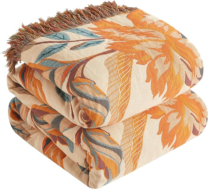 Boho Throw Blanket for Bed 80”x90”, 100% Cotton Woven Blanket for Couch Sofa, Ultra Soft 4-Layer Muslin Quilt with Floral Printed, Farmhouse Bed Blanket/Cover for Living Room Decor-Ruum Studio Home