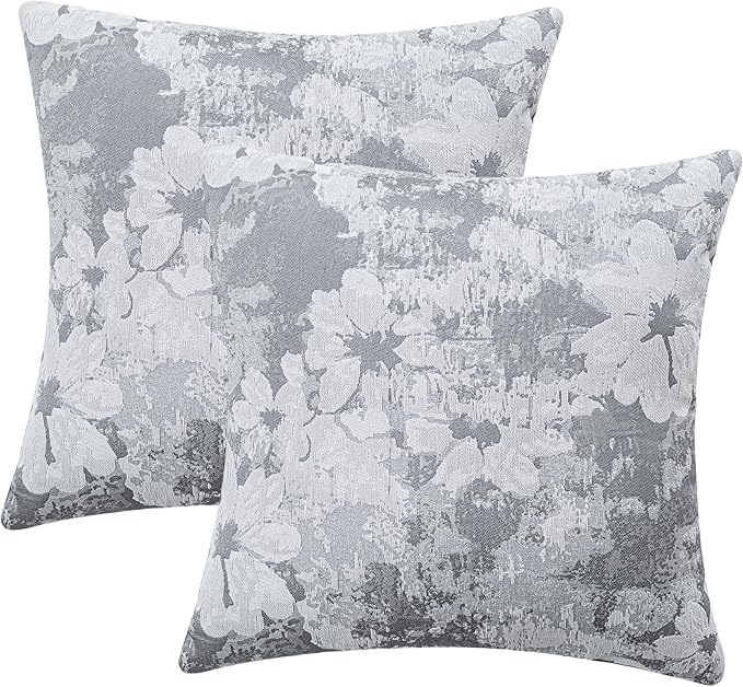 Jacquard Throw Pillow Covers 18x18 Inch Set of 2 - Vintage Floral Boho Pillow Cases with Botanical Pattern | Farmhouse Decor for Couch Living Room | Soft Textured Neutral Trio Slate Gray 18" x 18"-Ruum Studio Home
