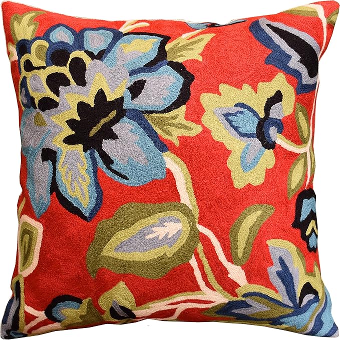 Red Floral Pillow Cover Hand Embroidered Flower Throw Pillowcase Floral Outdoor Cushion Suzani Cushions Modern Flowery Chair Hand Embroidered Wool Size 18x18-Ruum Studio Home
