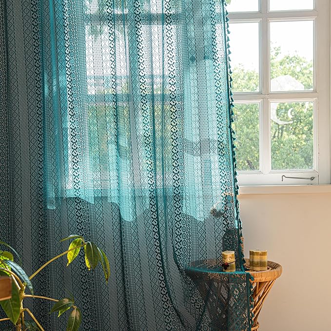 Sutuo Home Boho Curtains 72 inches Long for Bedroom Living Room, Crochet Lace Sheer Bohemian Hollow Knitted with Tassels, Rod Pocket Window Treatment Drapes, 1 Panel 59" W x 72" L, Turquoise-Ruum Studio Home