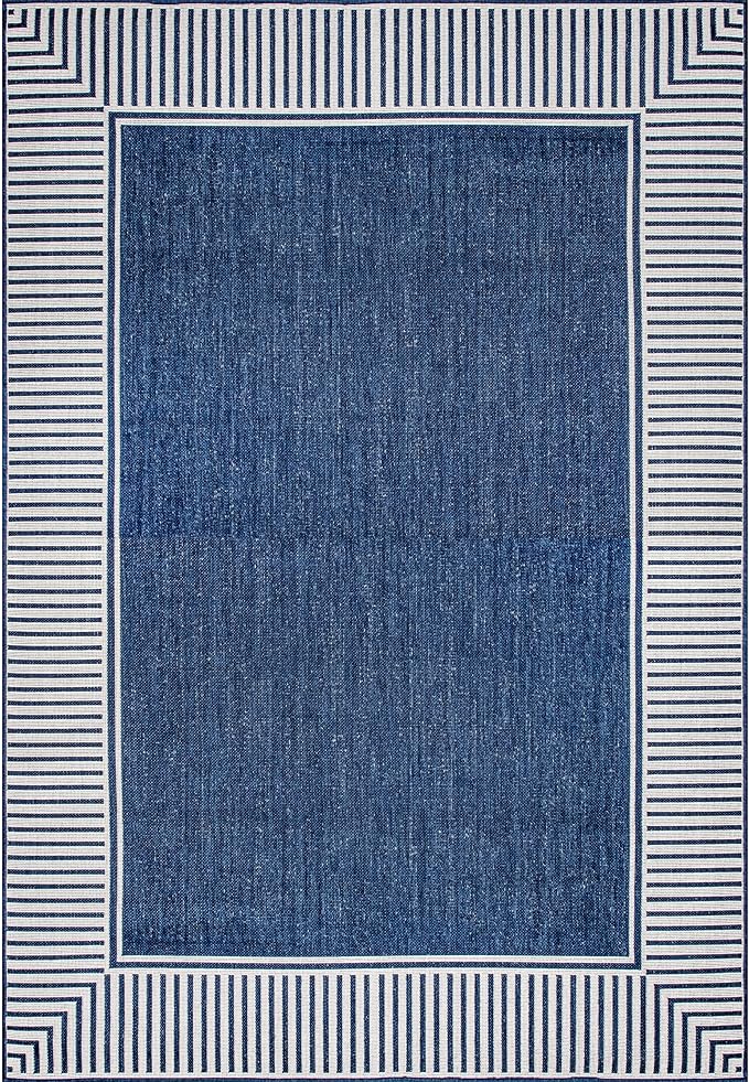 nuLOOM 4' x 6' Outdoor Area Rug, Casual Design With Striped Border, Stain Resistant, Highly Durable, For Patio, Balcony, Bedroom, Living Room, Dining Room, Bathroom, Navy-Ruum Studio Home
