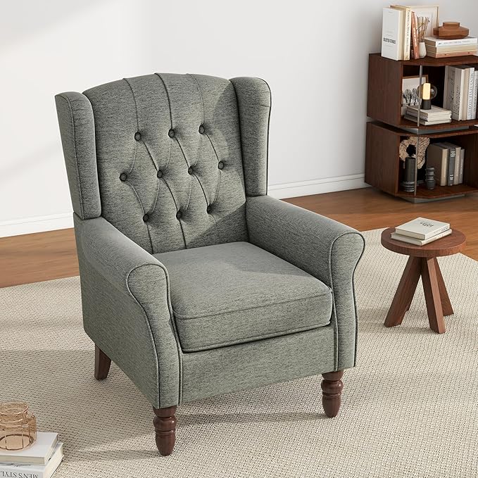 UIXE High Back Accent Chair, Fabric Upholstered Armchair for Living Room, Retro Wingback Arm Chair Comfy Single Sofa Bedroom Reading Seat with Solid Wooden Legs - Gray-Ruum Studio Home