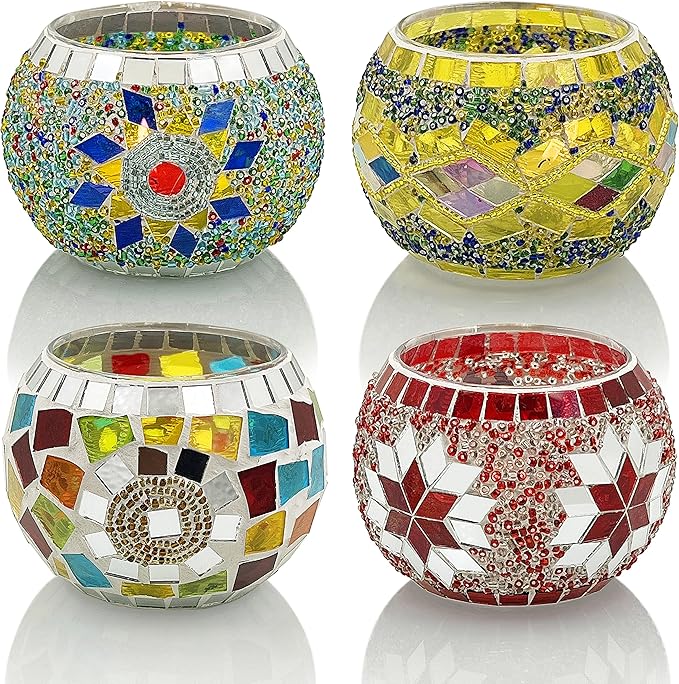 SHMILMH Glass Candle Holder Set of 4, Diwali Gift Votive Candle Holders Handmade Mosaic Glass Tealight Holders Diwali Christmas Table Decorations for Home-Ruum Studio Home