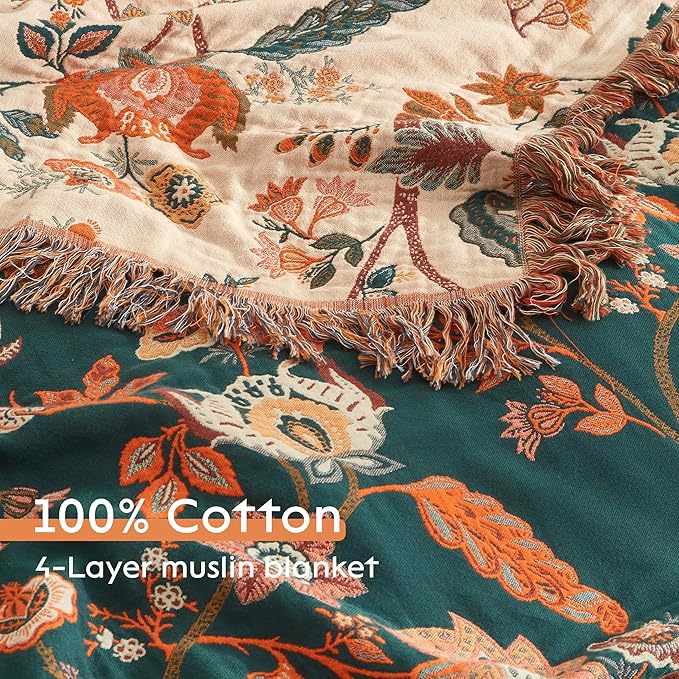 Boho Throw Blanket for Bed 80”x90”, 100% Cotton Woven Blanket for Couch Sofa, Ultra Soft 4-Layer Muslin Quilt with Floral Printed, Farmhouse Bed Blanket/Cover for Living Room Decor-Ruum Studio Home
