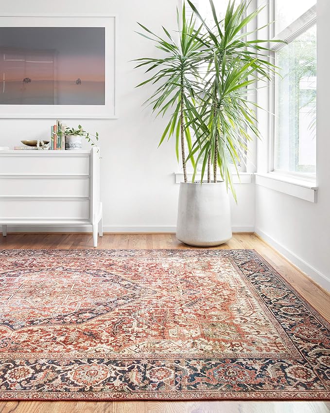 Loloi Layla Collection LAY-08 Red/Navy 5'-0" x 7'-6" .13" Thick Area Rug, Soft, Durable, Vintage Inspired, Distressed, Low Pile, Non-Shedding, Easy Clean, Printed, Living Room Rug-Ruum Studio Home