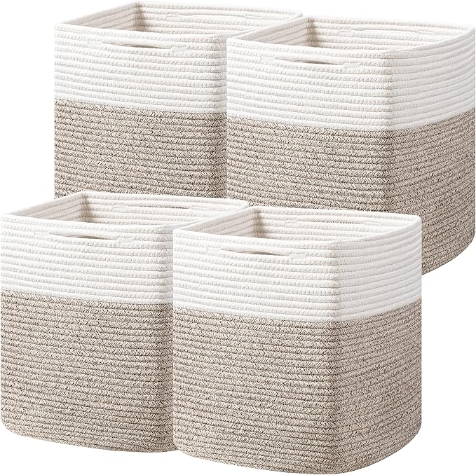 joybest Cube Storage Bins Set of 4, 13inch Cube Baskets Organizer for Nursery, Square Cotton Rope Baskets for Shelves Organizing, Kids Toy, Closet Storage, Brown and Cream White-Ruum Studio Home