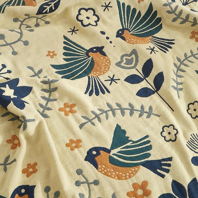 Boho Throw Blanket for Bed 60”x80”, 100% Cotton Woven Blanket for Couch Sofa, Ultra Soft 4-Layer Muslin Quilt with Bird Floral Printed, Farmhouse Bed Blanket/Cover for Living Room Decor-Ruum Studio Home