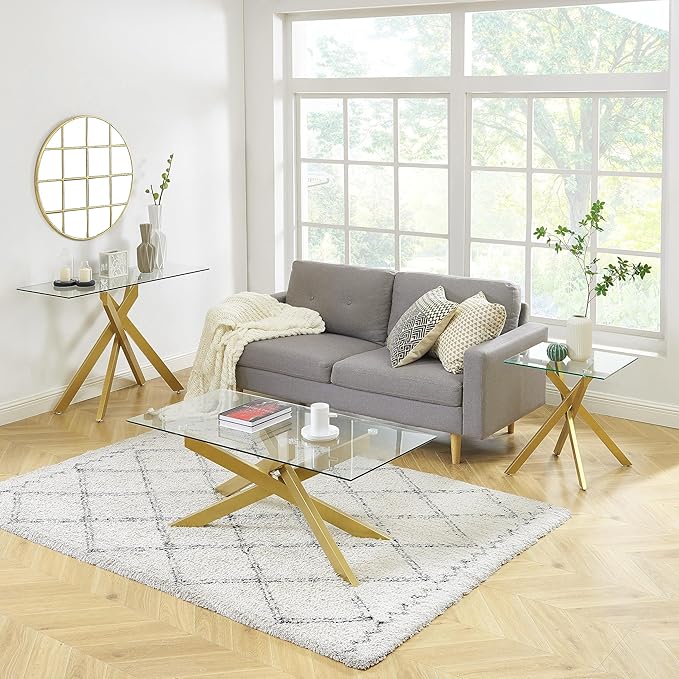 Modern Style Square Side Table with Tempered Glass Top and Metal Tubular Legs, Gold 20”Dx20”Wx22”H-Ruum Studio Home