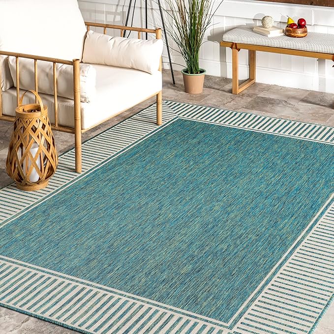nuLOOM 5' x 8' Outdoor Area Rug, Casual Design With Striped Border, Stain Resistant, Highly Durable, For Patio, Balcony, Bedroom, Living Room, Dining Room, Bathroom, Teal-Ruum Studio Home