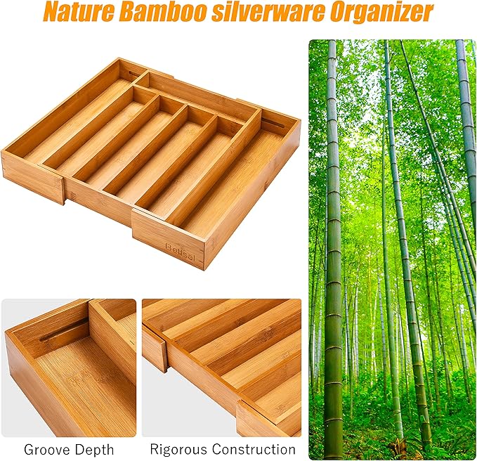 Bellsal Silverware Organizer Kitchen Drawer Organizer Expandable Bamboo Utensil Holder Cutlery Tray for Kitchen Utensil and Flatware Bedroom Office-Ruum Studio Home