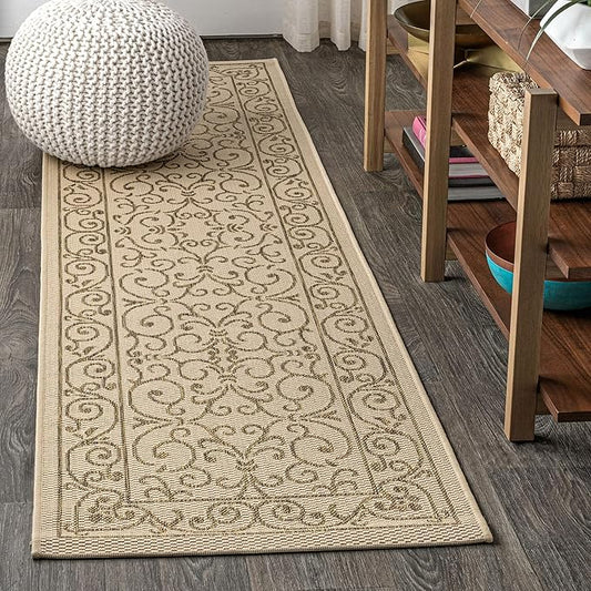JONATHAN Y Vintage Filigree Indoor Outdoor Runner Rug 2X8 Beige/Brown, Charleston Textured Weave for Backyard, Patio, Porch, Easy-Cleaning, High Traffic, Pet-Friendly, Non-Shedding (SMB106A-28)-Ruum Studio Home
