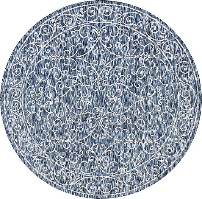 JONATHAN Y Vintage Filigree Indoor Outdoor Round Area Rug 8 Ft Navy/Gray, Charleston Textured Weave for Backyard, Patio, Porch, Easy-Cleaning, High Traffic, Pet-Friendly, Non-Shedding (SMB106D-8R)-Ruum Studio Home