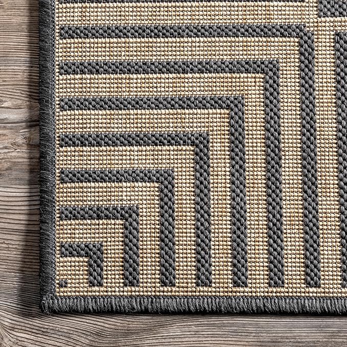 nuLOOM 3'6" x 5' Outdoor Area Rug, Casual Design With Striped Border, Stain Resistant, Highly Durable, For Patio, Balcony, Bedroom, Living Room, Dining Room, Bathroom, Dark Grey-Ruum Studio Home