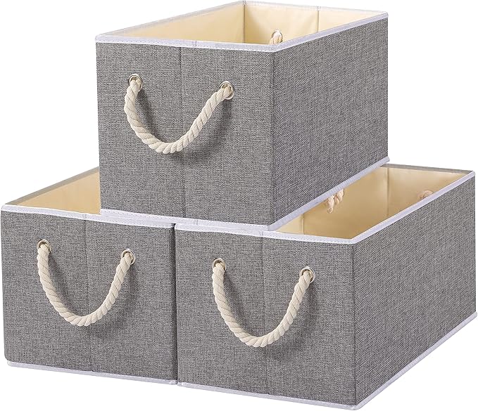 Yawinhe Foldable Fabric Storage Cubes 3-Pack, Collapsible Bins with Rope Handle, Large Closet Organizers for Shelves, Closets, Clothes, 14.96''Lx9.84''Wx8.26''H, Grey-Ruum Studio Home