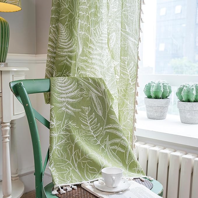 Sutuo Home Boho Curtain 84 Inches Length for Bedroom, Printed Cotton Linen Rod Pocket Rustic Farmhouse Bohemian Tassels Window Treatment, 1 Panel 59" W x 84" L, Green Tropical Leaves-Ruum Studio Home