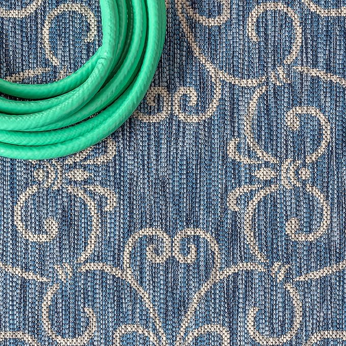JONATHAN Y Vintage Filigree Indoor Outdoor Square Area Rug 5X5 Navy/Gray, Charleston Textured Weave for Backyard, Patio, Porch, Easy-Cleaning, High Traffic, Pet-Friendly, Non-Shedding (SMB106D-5SQ)-Ruum Studio Home