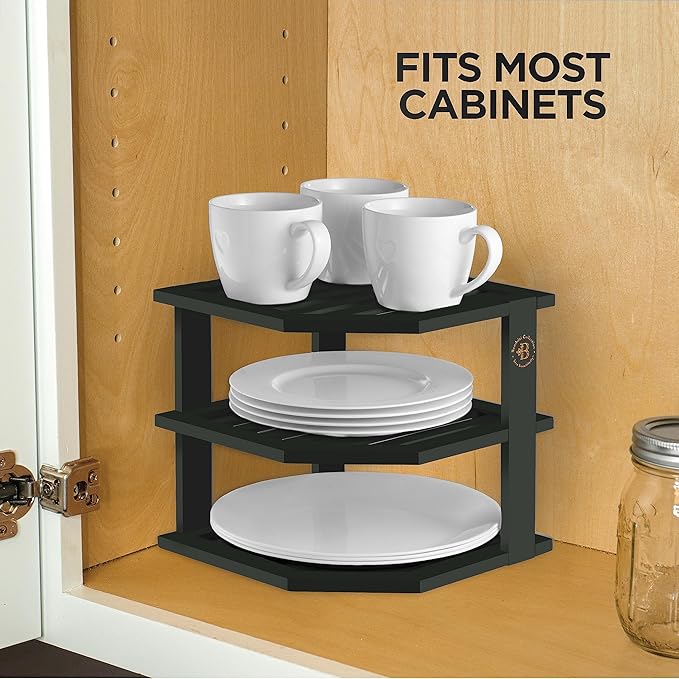 Cabinet Organizer Shelf - Bamboo Corner Rack for Kitchen Counter, Cabinet Space Saver for Plates, Dishes, Bowls, Bread Pantry, Bathroom Storage or Countertop Stand, Black-Ruum Studio Home