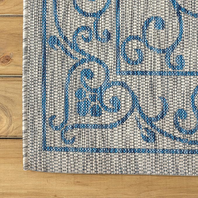 JONATHAN Y Vintage Filigree Indoor Outdoor Square Area Rug 9X9 Gray/Navy, Charleston Textured Weave for Backyard, Patio, Porch, Easy-Cleaning, High Traffic, Pet-Friendly, Non-Shedding (SMB106C-9SQ)-Ruum Studio Home