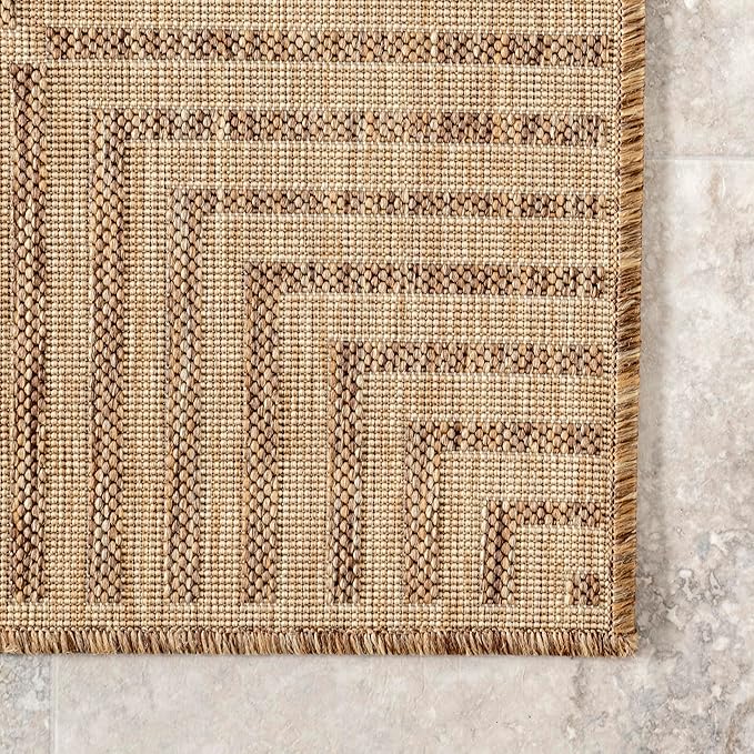 nuLOOM 9'6" x 12' Outdoor Area Rug, Casual Design With Striped Border, Stain Resistant, Highly Durable, For Patio, Balcony, Bedroom, Living Room, Dining Room, Bathroom, Light Brown-Ruum Studio Home
